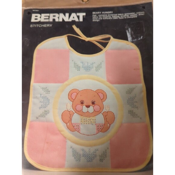 Bernat Stitchery Beary Hungry Baby Bib Screened Crosstitch Kit S03001 DMC Floss - Picture 4 of 7